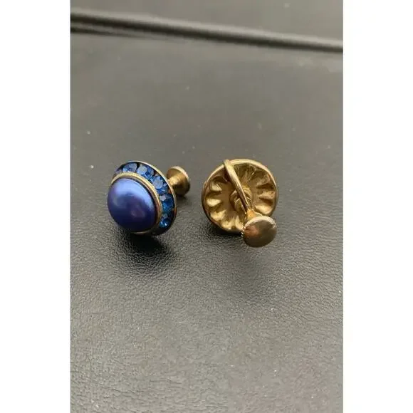 Vintage Blue Cabochon And Rhinestone Round Screw Back Earrings - Picture 4 of 4